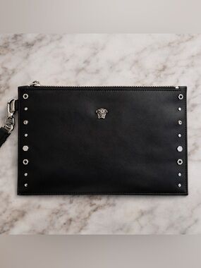 Versace Black Leather Medusa Stud Wristlet Clutch Like New